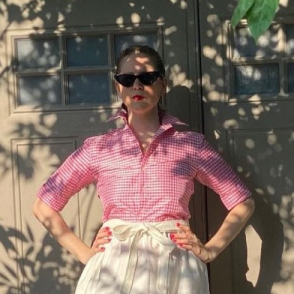 VTG Ralph Lauren Pink White Gingham Silk Button Down Shirt - Picture 2 of 12